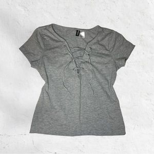 heather grey lace up v-neck tee